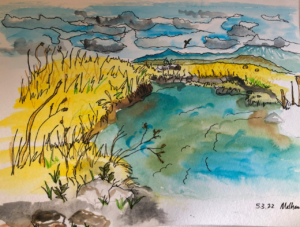 Original watercolor of the Blitzen River near Refuge Headquarters